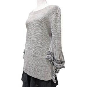 NIC+ZOE Women Gray Striped Bell Sleeve Knit‎ Sweater Top PL